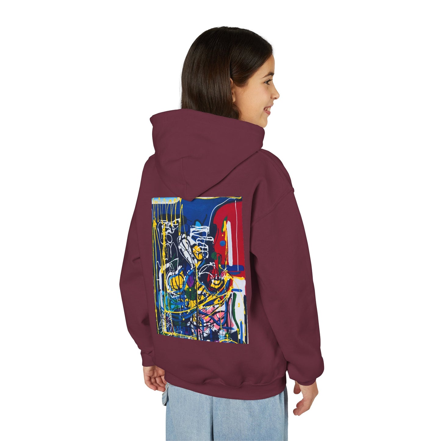 Colorful Youth Hoodie with Artistic Print, Youth Sweatshirt, Trendy Hoodie for Kids, Stylish Hooded Sweatshirt, Gift for Young Artists