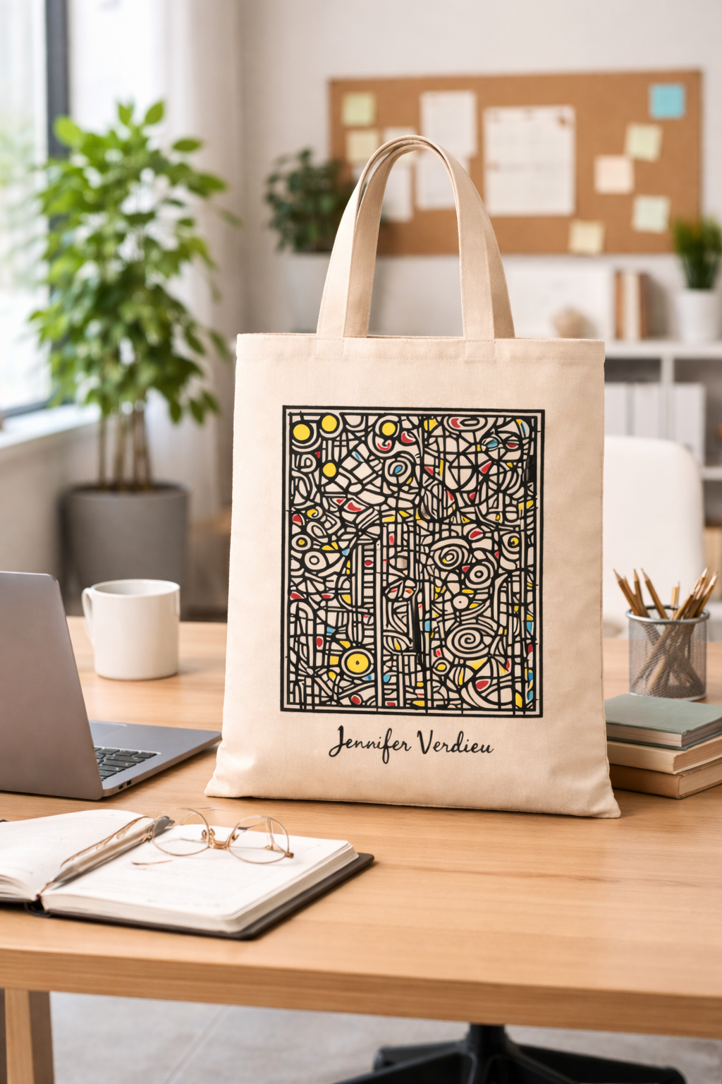 Tote bag with abstract design and text on a desk in an office setting