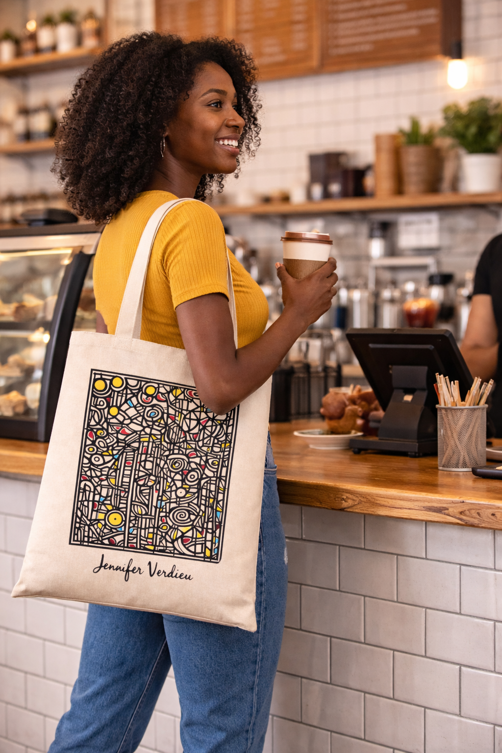 Woman holding a coffee cup and a tote bag with a design in a cafe.