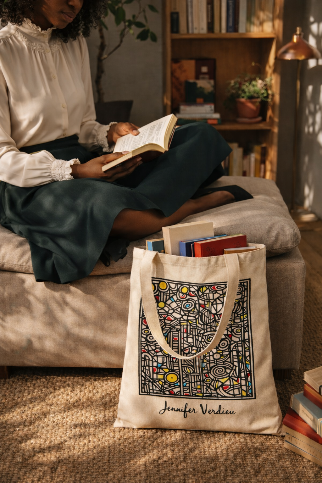 Person reading a book with a tote bag featuring a colorful design and text on a couch.